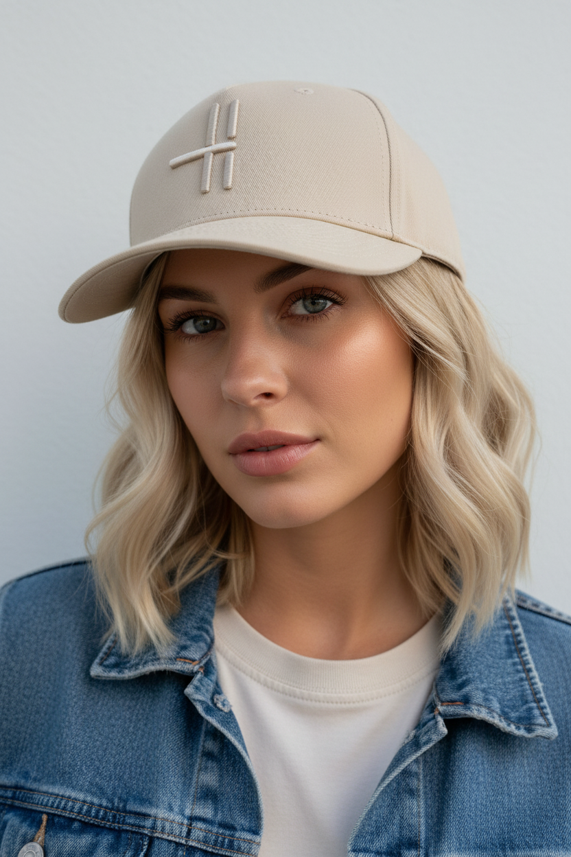 Blond kvinne med beige caps